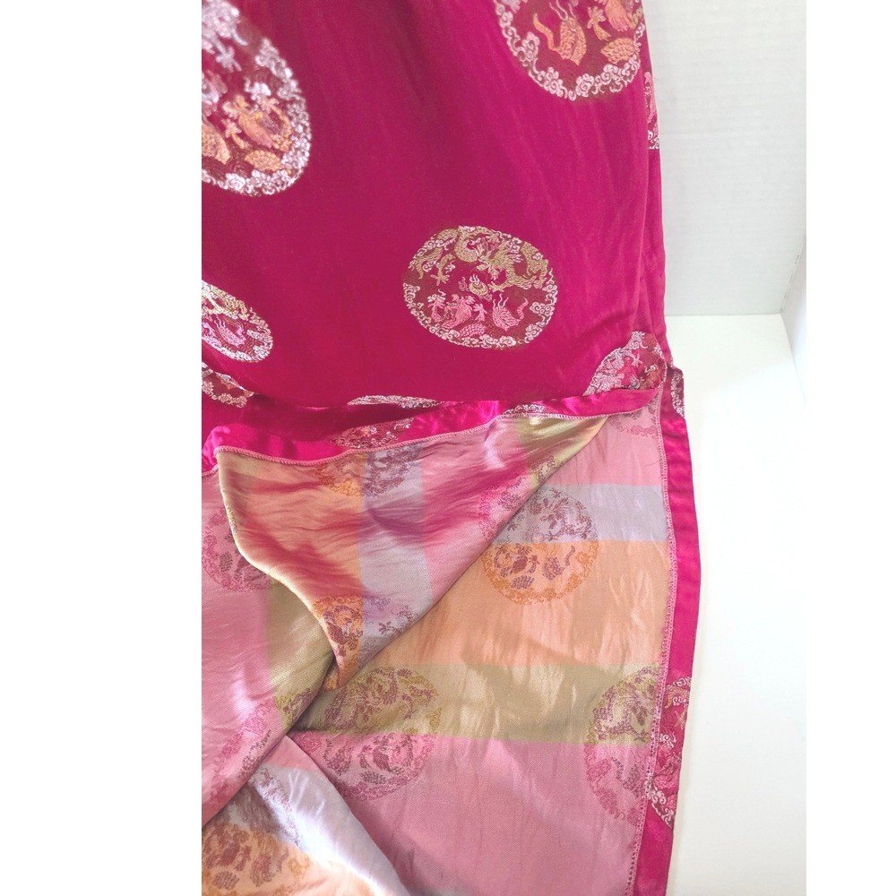 60s Vintage Fuchsia Pink Satin Cheongsam Qipao Dress Dragon Phoenix Brocade Midi - Picture 5 of 16